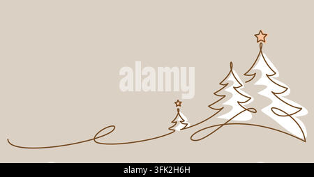 Minimalist vector illustration of three Christmas trees drawn with continuous one line. Elegant holiday pine and fir trees with stars, perfect for win Stock Vector