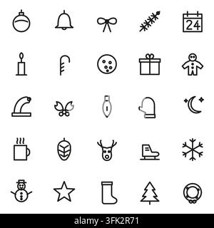 Set of 25 christmas line icons: Christmas tree, star, bauble, gift box, stocking, mitten, bell, candy cane, gingerbread man, snowman, Santa hat, candl Stock Vector