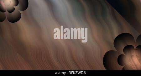 Abstract brown background with vertical wavy lines and floral motifs in the corners, creating a textured and modern design. Stock Photo