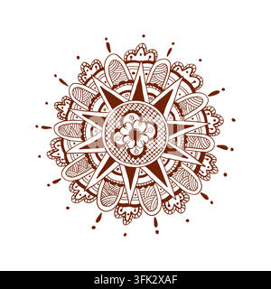 Mehndi henna tattoo brown circle ornament design. Hand drawn graphic vector round mandala illustration with floral motifs. Template for packaging Stock Vector