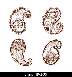 Paisley graphic mehndi set. Henna tattoo. Motifs brown patterns ornate. Line art vector illustration for textile, cards, packaging Stock Vector