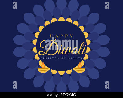 Happy Diwali in gold calligraphy and serif lettering with a golden mandala and small diyas on dark blue. Text as outlines. Vector illustration for car Stock Vector