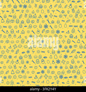 Easter and spring holiday background. Seamless repeating pattern of simple line icons (Easter egg, striped egg, dotted egg, zigzag egg, cracked egg, b Stock Vector