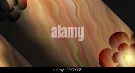 Warm autumn-colored abstract background featuring flowing wavy lines in orange, brown, and green, with glowing flower shapes in the lower right corner Stock Photo