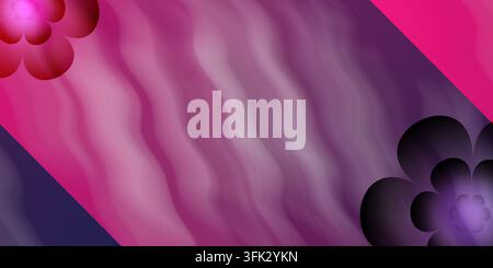 An abstract digital artwork with pink and purple wavy lines, framed by darker geometric corners and decorated with stylized flower motifs. Stock Photo