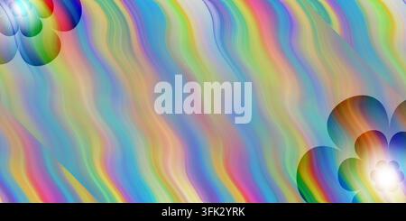 A vibrant abstract background with rainbow-colored wavy lines and retro flower motifs in the corners, featuring a glowing light effect. Stock Photo