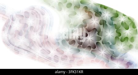 Dynamic abstract background featuring a dense floral pattern overlaid with flowing wave lines and soft color gradients, blending green, pink, and whit Stock Photo