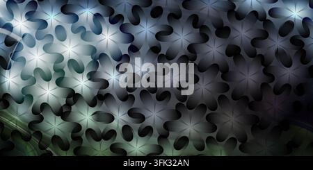 An intricate abstract background featuring repeating flower-like shapes in dark blue, grey, and black tones with luminous center points. Stock Photo