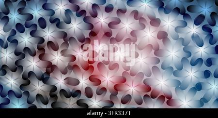 A vibrant abstract floral pattern background blending blue, red, and white tones in a repeating, interlocking design with soft lighting effects. Stock Photo