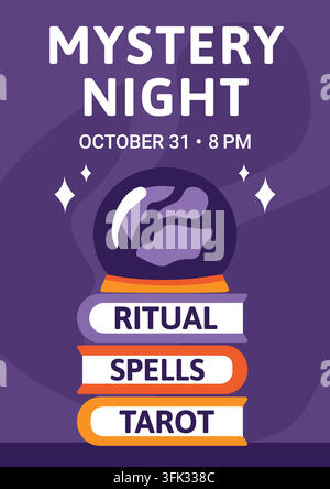 Mystery night flyer, crystal ball on books. Halloween magic invitation party poster vector template Stock Vector