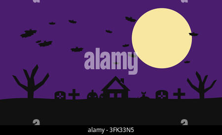 Halloween night scene: black silhouettes of a haunted house, dead trees, gravestones, crosses, pumpkins, a black cat and flying bats in front of a ful Stock Vector
