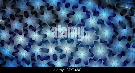 An abstract design featuring a repeating flower motif and wavy, flowing lines in various shades of blue. Stock Photo