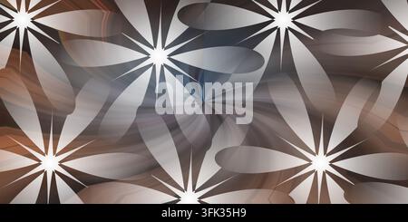 An abstract digital art composition featuring repeating white starburst and petal patterns over a swirling brown and grey background texture. Stock Photo