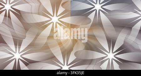 An abstract digital art composition featuring repeating white starburst and petal patterns over a swirling brown and grey background texture. Stock Photo
