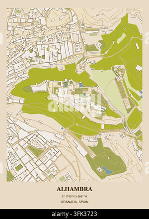 Detailed vector map poster of the Alhambra complex in Granada, Spain, featuring green park areas, historic pathways, urban street grids Stock Vector