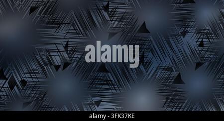 A seamless abstract background featuring a repeating pattern of dark triangular shapes and sharp radial lines set against a deep, moody dark blue-grey Stock Photo