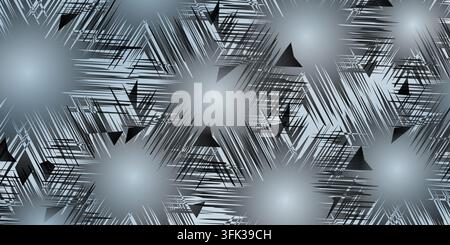 A seamless abstract background featuring a repeating pattern of dark triangular shapes and radial textured lines on a soft blue-grey gradient backdrop Stock Photo