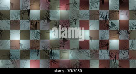 A colorful geometric grid background featuring alternating red and metallic blue squares, overlaid with sharp, chaotic scratch and shard textures. Stock Photo