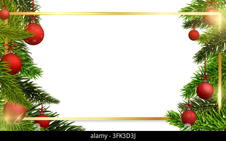 Christmas and New Year golden frame with red Christmas balls and pine tree isolated. Template banner with shiny elements. Realistic rectangle festive Stock Vector