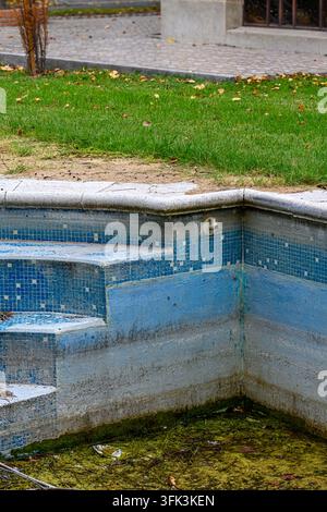 Empty pool with faded blue tiles and mossy water. Steps lead down to murky green surface. Grass and leaves surround the concrete edge. Dormant garden Stock Photo