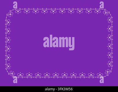 White bow lace border frame with rounded rectangle corner shape, delicate ribbon garland trim coquette decorative edge isolated on purple background vector illustration for invitations cards posters Stock Vector