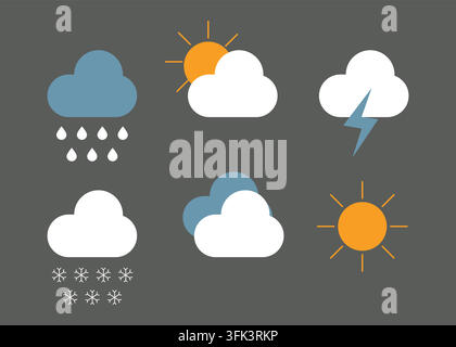 A collection of flat vector weather forecast icons featuring sunny, rainy, cloudy, snowy, and thunderstorm conditions on a dark gray background. Stock Vector