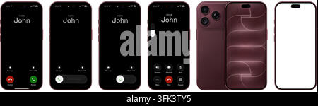 Photorealistic modern black phone with basic call IU mockup with purple background isolated. Empty screen. Glassmorphism style template design. Vector Stock Vector