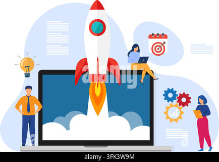 Rocket Launching from Laptop Screen Illustrating Startup Concept stock illustration Stock Vector