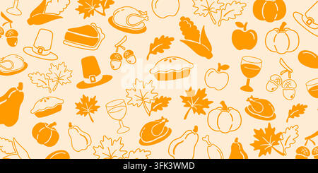 Thanksgiving background featuring various autumn harvest icons like turkeys, pumpkins, pies, and leaves in bright orange on a light beige background. Stock Vector