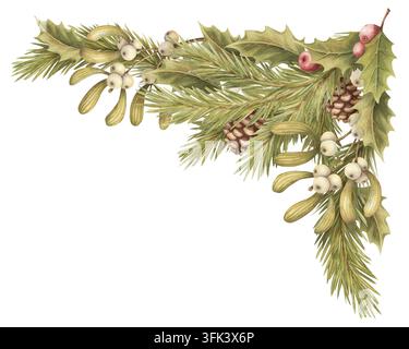 Rustic Spurce Tree Mistletoe branch watercolor illustration. Red ribbon bow decorates ...