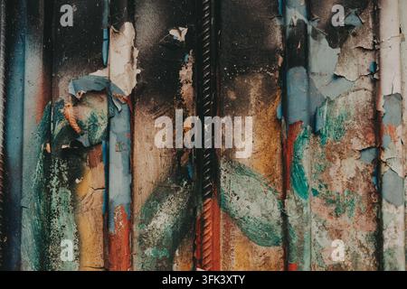 Close-up of weathered metal surface with peeling paint and rust texture in vibrant blue, red, and yellow tones. Perfect abstract grunge background for Stock Photo