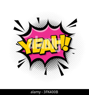 Comic “Yeah!” speech bubble featuring a bold expressive design, dynamic lettering, and playful comic-style elements. The energetic composition conveys Stock Vector