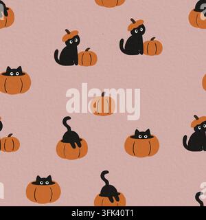 Hand-drawn seamless Halloween pattern with playful black cats hiding in pumpkins and wearing pumpkin lids on a textured blush pink background. Stock Photo