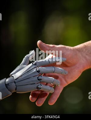 Robot and human hands in machinery future. Robotic hands with human engineering. Robot hands on automation robotics. Human hands with robot machine. Stock Photo