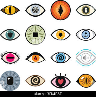 colorful flat illustration set featuring stylized eye and iris designs with unique symbolic details, including cat eyes, spiral pupils, fiery irises, Stock Vector