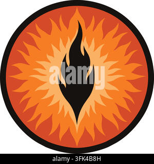 Flat illustration of a round fiery orange iris filled with flame like textures and a tall black flame shaped slit pupil. Stock Vector