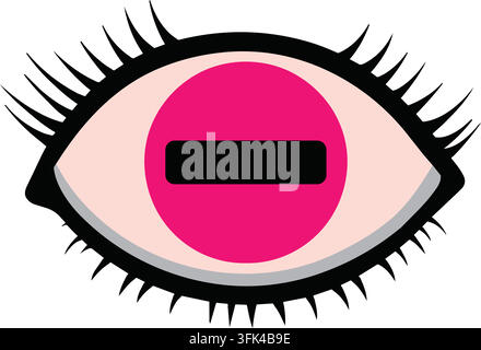 Flat illustration of a pink eye with long black lashes and a bold black horizontal bar set in the center. Stock Vector