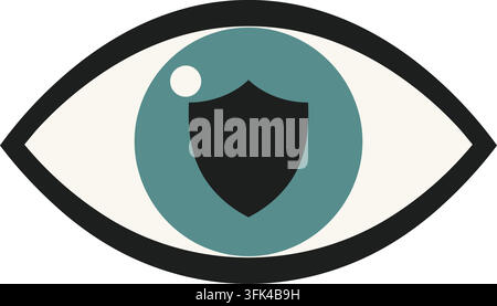 Flat illustration of an almond shaped blue gray eye with a glossy highlight and a dark shield symbol in the center. Stock Vector