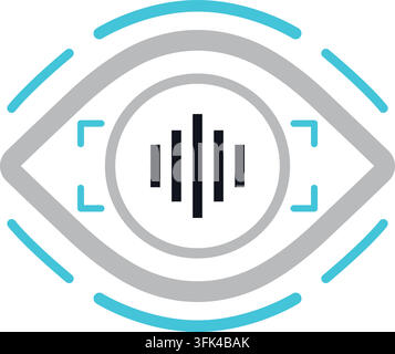 Flat illustration of a white eye featuring a circular center with black vertical sound wave bars and blue accent lines around it. Stock Vector
