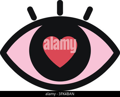 Flat illustration of a pink eye with a red heart centered in a dark pupil and three bold upper lashes. Stock Vector