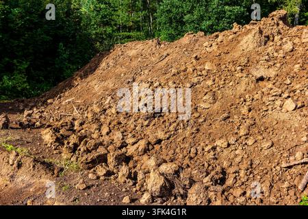 Large mound of brown earth from excavation works piled up near forest edge, raw dirt texture with clods and debris in bright daylight for construction Stock Photo