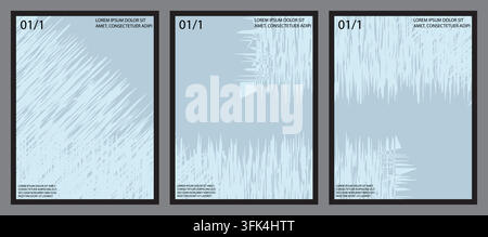 A collection of three minimalist poster designs featuring light blue geometric scratch textures on a solid background with placeholder typography. Stock Vector