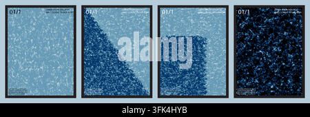 A collection of four modern abstract posters featuring varying blue grunge textures, geometric overlays, and minimalist typography elements. Stock Vector