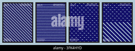 A collection of four modern minimalist posters featuring deep blue backgrounds with varied white geometric line and dot patterns for creative design. Stock Vector