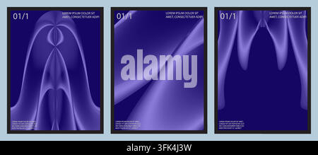 A collection of three vertical posters featuring modern abstract designs with fluid, glowing purple wave patterns and placeholder text on a dark backg Stock Vector