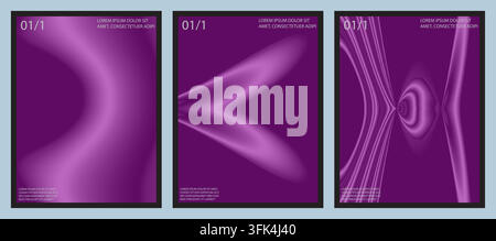 A collection of three modern vertical posters featuring abstract purple gradients, fluid wave shapes, and dynamic geometric line art designs. Stock Vector