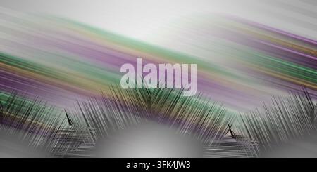 Engaging abstract composition with sharp, spiky black elements emerging from a soft, blurred background of purple, green, and gray stripes. Stock Photo
