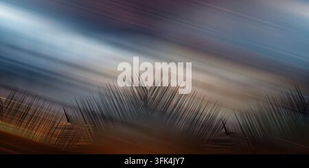 Atmospheric abstract landscape showing a moody, dark-toned diagonal sky background contrasted against a textured spiky foreground. Stock Photo