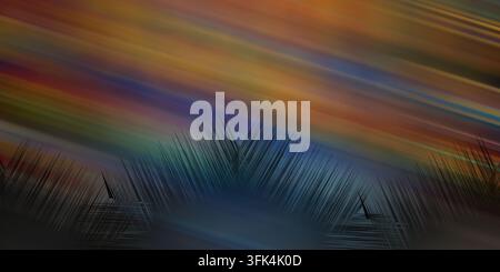 An abstract artwork featuring a vibrant, multi-colored motion blur sky background above dark, spiky, textured elements at the bottom. Stock Photo