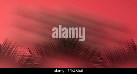 An abstract image featuring a rich red background with diagonal streaks and textured feathery black shapes rising from the bottom. Stock Photo